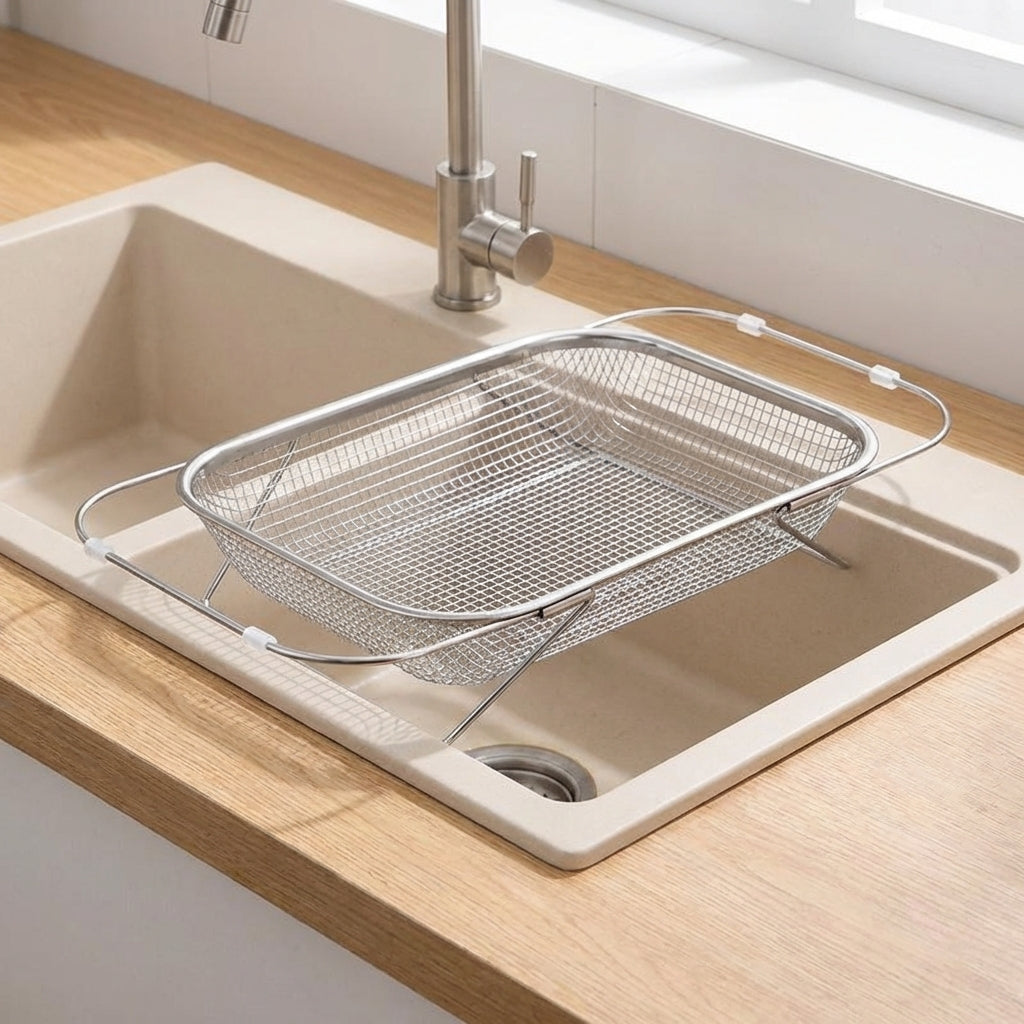 Retractable Drainer Kitchen Sink Drainer, 201 Stainless Steel Vegetable Colander and Fruit Washing Basket with Fine Mesh and Raised Feet Base
