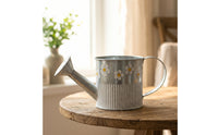 Watering Can with Floral Motif Galvanized Watering Can with Distressed Finish Metal Flower Pot Ribbed Planter Compact