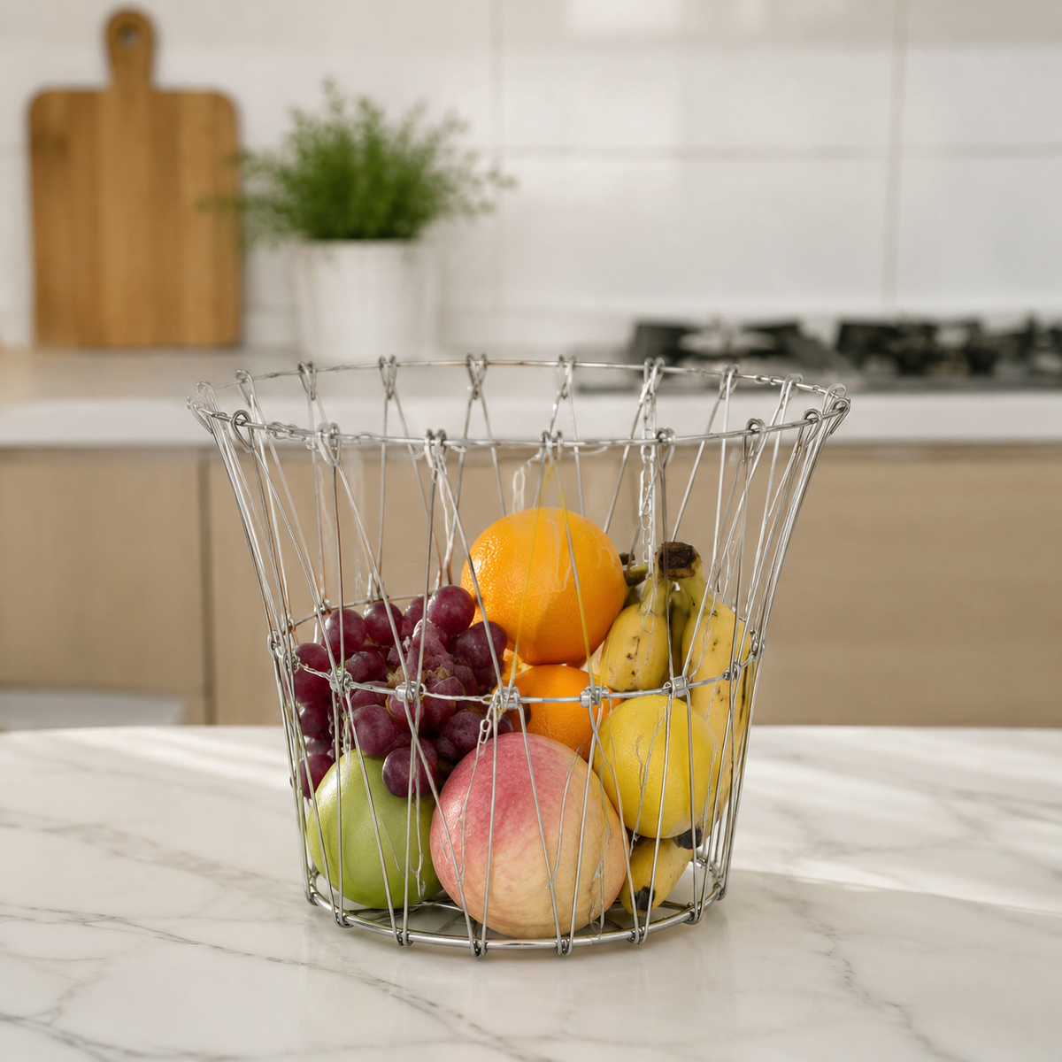 Foldable Metal Fruit Basket, 3-Tier Hanging Basket for Kitchen, Space-Saving, Modern in Silver, Perfect for Small Apartments