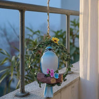 Flower Accents Bird Wreath Ornament Painted Floral Bird Ornament Wood Textured Hanging Hummingbird Decorative for Home, Balcony, Courtyard