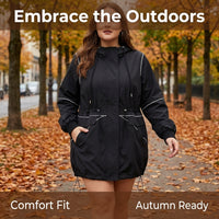 Coats for Women Plus Size Hooded Windbreaker with Zipper Closure, Ladies Long Sleeve Jacket for Autumn Wear, Polyester Style up to 6XL
