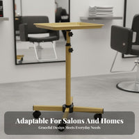 Golden Finish Wheeled Service Tray Rolling Wheels Adjustable Tray Stand Sturdy Construction Salon Equipment Easy to Clean for Hairstylists, Hair Stylists Artists, Barbershop, Beauty Spa, Medical Facility, Home Use