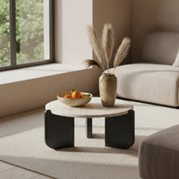 Round Coffee Table with Wood Base Low-Profile Travertine Coffee Table Minimalist Furniture for Living Room, Apartment, Balcony