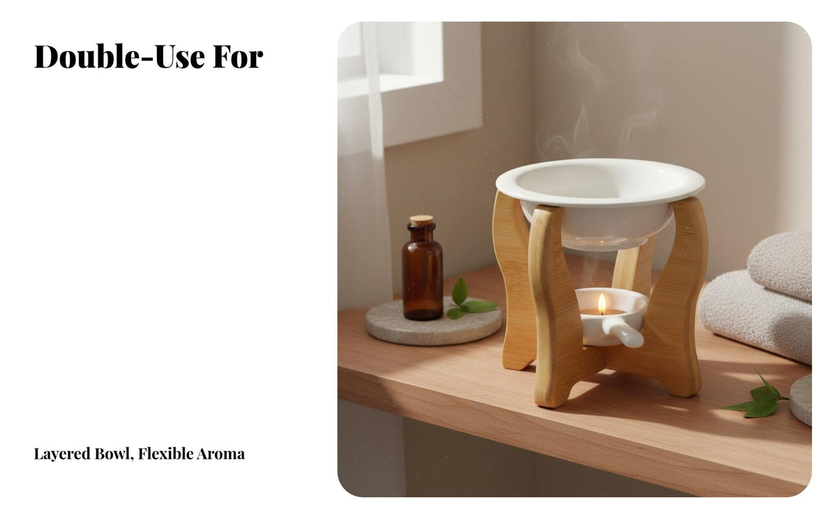 Bamboo and Ceramic Oil Burner Decorative Ceramic Lamp Relaxing Atmosphere Essential Oil Burner for Living Room, Washroom, Meditation Studio