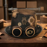 Decorative Flower and Gear Steampunk Hat with Goggles Adjustable Chin Strap Steampunk Top Hat Handmade Headwear
