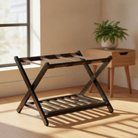 Foldable Folding Luggage Rack with Shelf Double-Tier Bamboo Suitcase Stand with Shelf Long-Lasting Luggage Rack with Two Shelves Sturdy for Travelers, Bedroom
