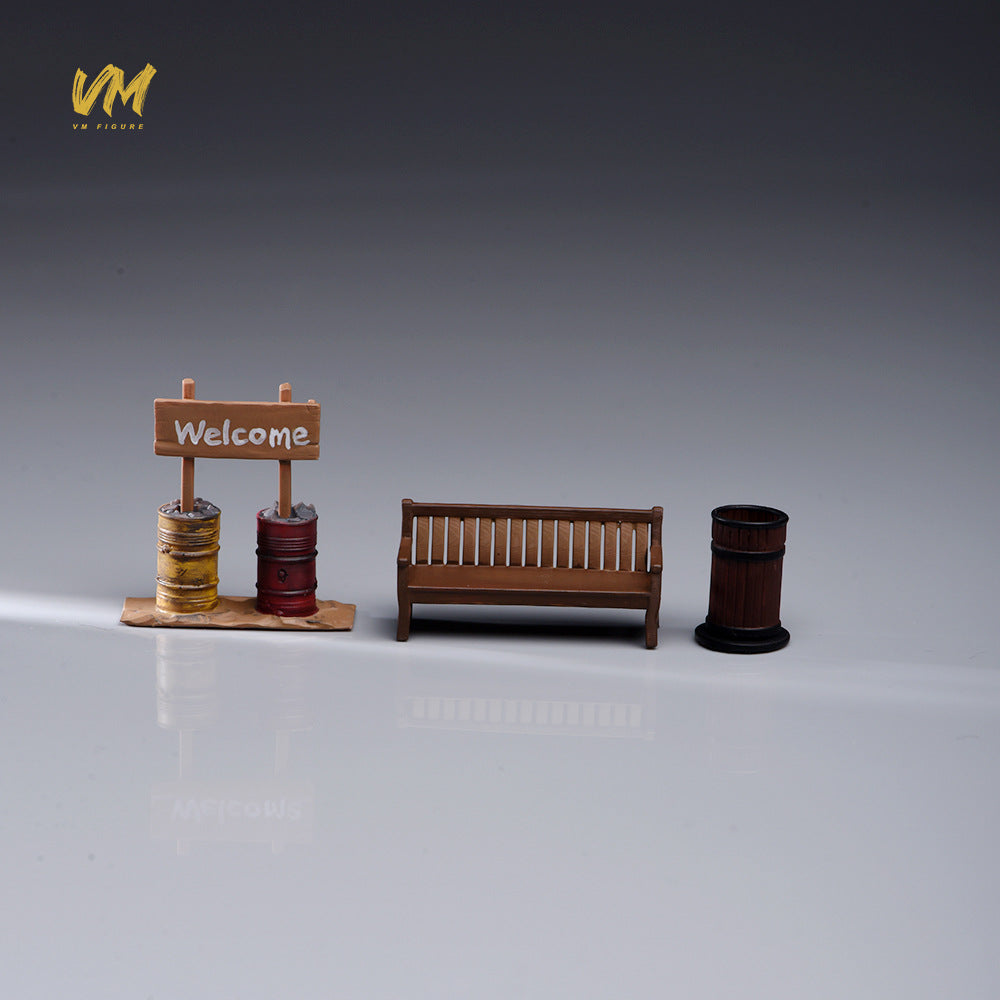 VM 1/64 Park Miniature Scene Prop Set with Vintage Bench, Oil Drums, Welcome Sign, and Trash Can Model