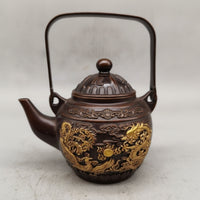 Bronze Teapot with Lid Decorative Ornamental Teapot Embossed Vessel for Collectors, Living Room Display