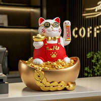 Auspicious Cat Figurine with Raised Paw Gold-Toned with Bowl Welcoming Ornament for Business Owners, Homeowners, Cashier Desk