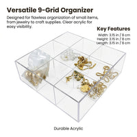 Storage Box with Compartments, Clear Acrylic 9 Grid Organizer, for Nail Polish and Jewelry for Technicians