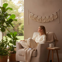 Macrame Wall Hanging Knotted Macrame Wall Hanging with Wooden Beads Decor Fringed Handmade for Living Room, Bedroom