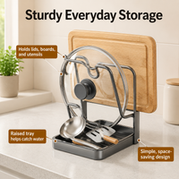 Carbon Steel Pot Lid Holder, Single Layer Countertop Lid Rack with Drip Tray, Space Saving Kitchen Organiser