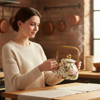 Teapot with Infuser Gold Enamel Floral Teapot Porcelain Enameled Kitchenware for Kitchen Counter