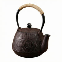 Cast Iron Teapot Rope Wrapped Handle Floral Relief Teapot Gold Rim