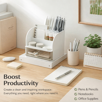 Desk Organizer with Drawer and Pen Holder, Desktop Drawers for Office Supplies, Storage Unit for Vanity Table Home School