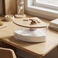 Transparent Hamster Sand Bath with Wood Lid, Triangular Hamster Accessories, Clear Toilet Pan for Dwarf Hamster Habitat