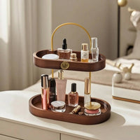 Cosmetic Storage Rack Space Saving Makeup Organizer with Wooden Trays Compact Skincare Holder for Tabletop