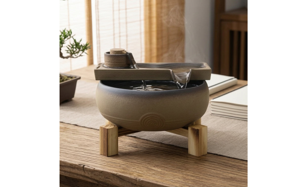 Ceramic Fountain with Wooden Stand Zen Ceramic Tabletop Fountain Quiet for Desk