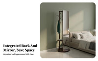 Solid Wood Frame Swivel Mirror with Clothes Hanger Multifunctional Design Rotating Organizer with Mirror Space Saving Bedroom Furniture Storage Shelves for Apartment Dwellers, Homeowners, Adults, Dressing Room, Entryway, Hallway, Cloakroom