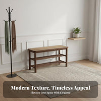 twofold Function 2-Tier Shoe Rack with Woven Seat Natural Aesthetic Padded Shoe Rack Bench Sturdy Construction Entryway Stool Space-Saving Design for Apartment Dwellers, Homeowners, Hallway, Mudroom, Living Room, Bedroom