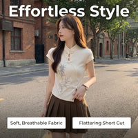 Ladies Fashion Oriental Style Top with Traditional Frog Button Closure, Embroidered Floral Shirt for Summer Office Wear