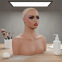 Female Mannequin Head with Shoulders Life-Size Synthetic Hair Mannequin Bust Light Weight Female Hairpiece Head Bust for Salon