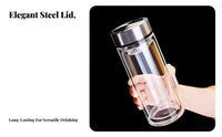 Double Wall Glass Tumbler Stainless Steel Lid Double Wall Glass Bottle Spill-Resistant Portable Loose Leaf Tea Maker for Commuters, Adults, Home, Car