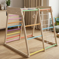 Wooden Climbing Frame with Cord Climbing Net Freestanding Wooden Climbing Arch Play Structure Wood Indoor Climbing Gym for Young Children, Kids