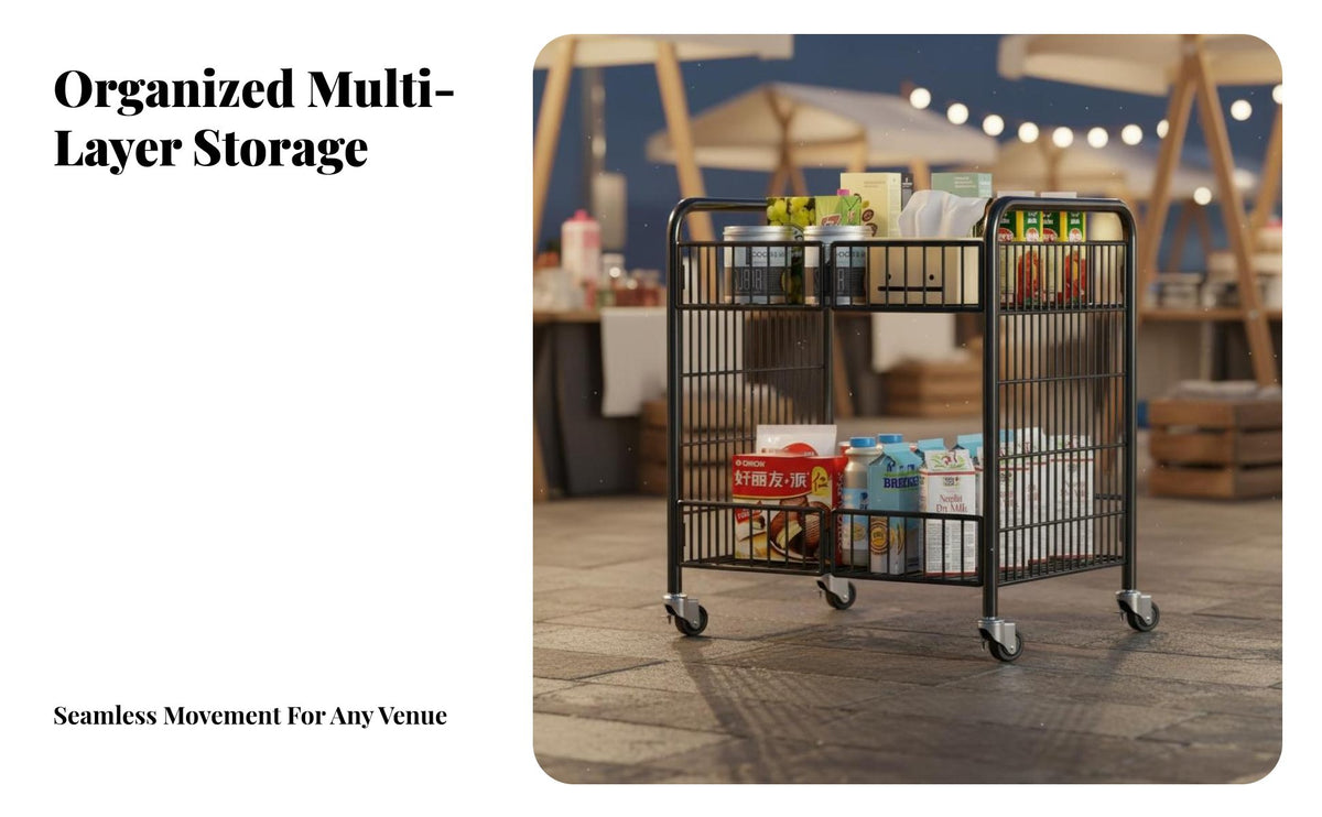 With Wheels Mobile Vending Trolley Easy Storage Foldable Market Cart Large Capacity Collapsible Display Rack Heavy Duty for Street Vendors, Small Business Owners, Homeowners, Outdoor Markets, Temporary Shops, Kitchen, Pantry