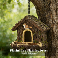 Wood-Bark Look Hanging Birdhouse Feeder Twin-Compartment Rustic Bird Feeder Arched Opening Wooden Birdhouse Pitched Roof for Tree, Outdoor Display