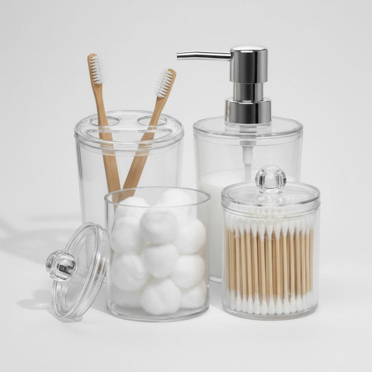 4 Pieces Transparent Design 4-Piece Dispenser and Jar Set Modern design Vanity Container Set Functional Bathroom Accessories Decorative for Makeup Users, Homeowners, Washroom, Restroom, Powder Room, Bedroom