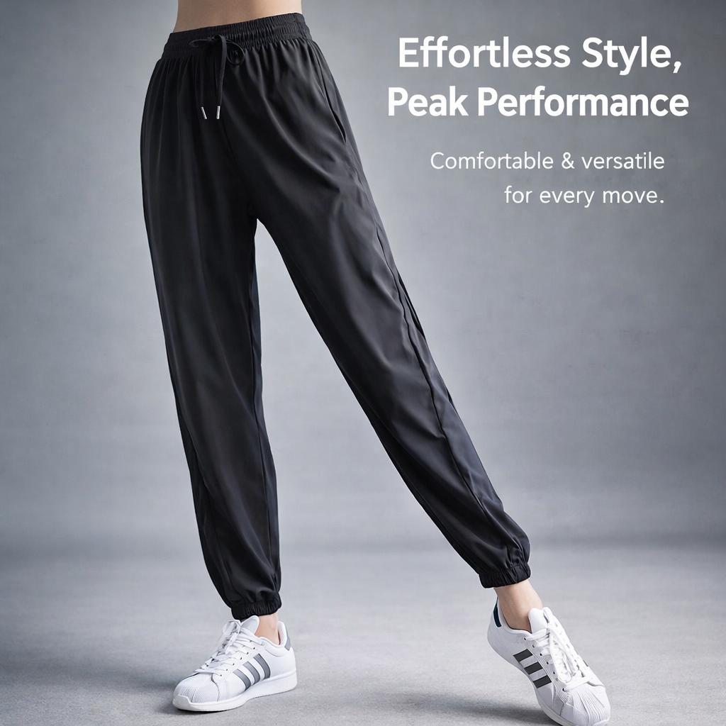 Joggers for Women with Tapered Leg and Cuffed Ankles, Quick Dry Nylon Spandex Pants for Gym and Running, Lightweight Loose Fit Black Trousers
