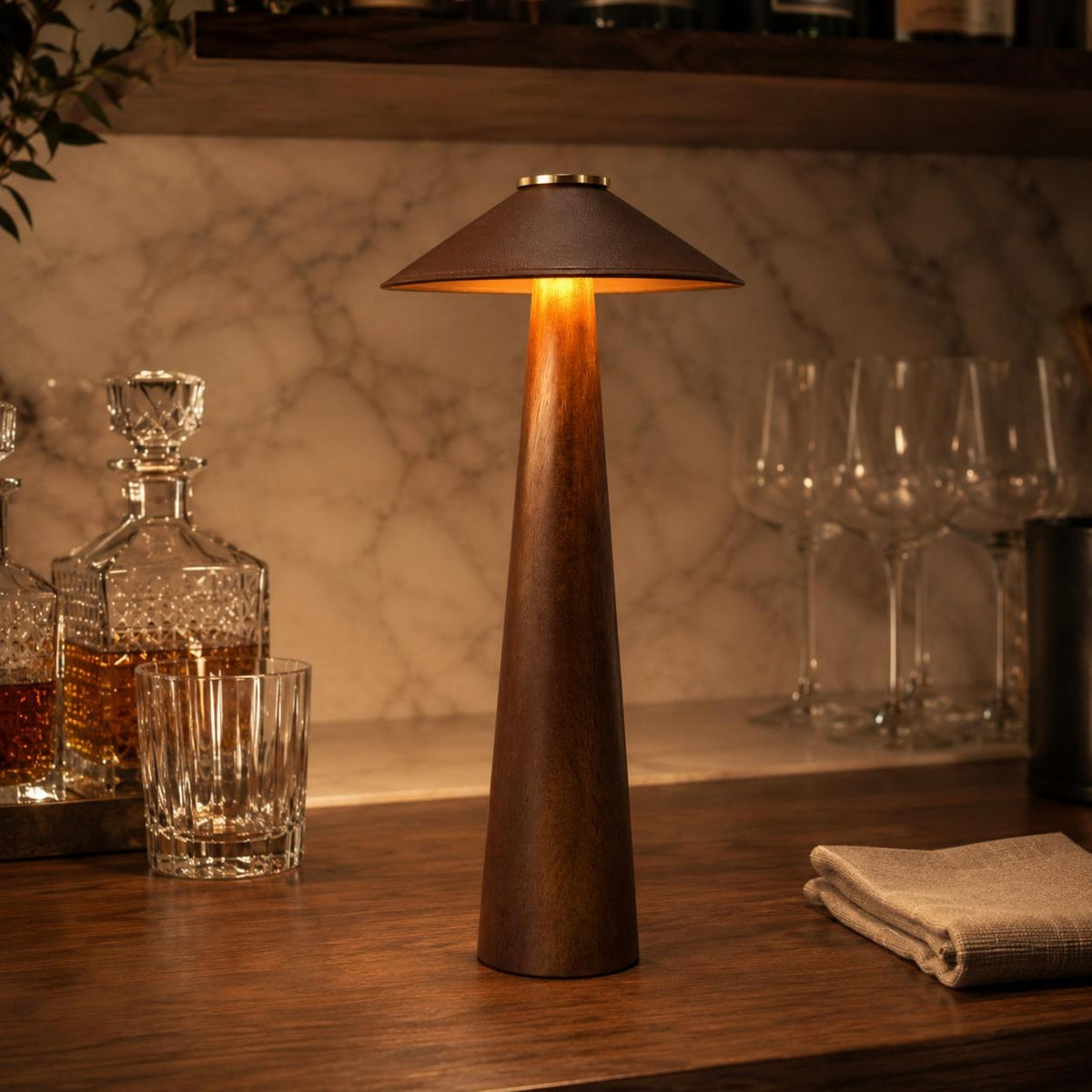 Rechargeable Table Lamp Conical Shade Cordless Table Lamp Solid Wood Press Control