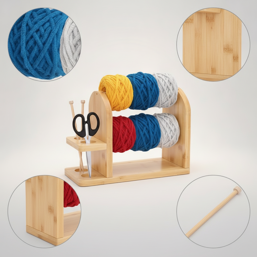 Wooden Yarn Holder with Rotating Base for Knitting and Crocheting