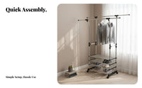 Rolling Double-Bar Clothes Rack Extensible Rod Drying Stand Easy to Assemble