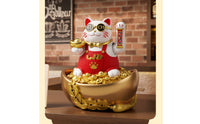 Auspicious Cat Figurine with Raised Paw Gold-Toned with Bowl Welcoming Ornament for Business Owners, Homeowners, Cashier Desk
