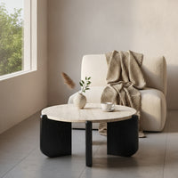 Round Coffee Table with Wood Base Low-Profile Travertine Coffee Table Minimalist Furniture for Living Room, Apartment, Balcony