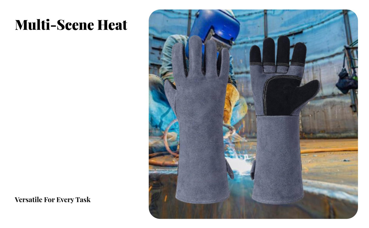Reinforced Palm Leather Metalworking Gloves Extended Forearm Protection Heavy Duty Oven Mitts Insulated Cotton Lining for Gardeners
