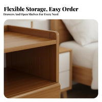 contemporary minimalist Design 2-Tier Bedside Shelf Wooden Grain Finish Bedside Cabinet with Open Shelf Sturdy Construction Nightstand Rounded Corners for Apartment Dwellers, Homeowners, Students, Bedroom, Dorm Room, Office, Hallway
