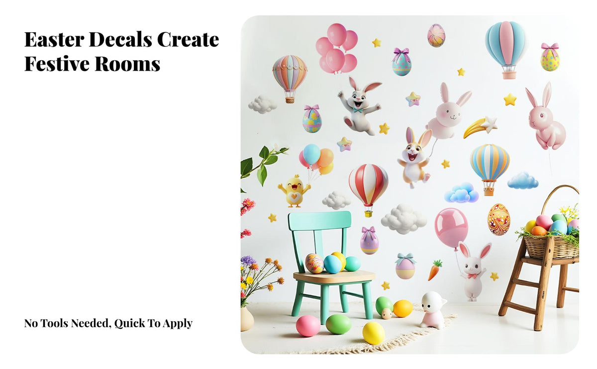 Easter Bunny Wall Sticker Self Adhesion 3D Cartoon Hare Decal Peel and Pink Easter Egg Stickers for Young Children, Playroom, Kindergarten, Classroom