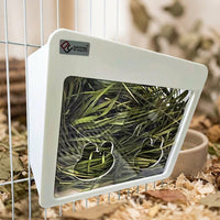 Bunny Hay Feeder with Low Mess Hay Box and Metal Hay Rack for Guinea Pigs, Clamp Fixation Cage Accessory, 25 × 13.3 × 19.8 cm, White