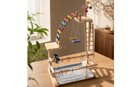 Bird Play Stand with Feeder Cups Wooden Parrot Activity Center Sturdy Avian Gym with Tray for Floor