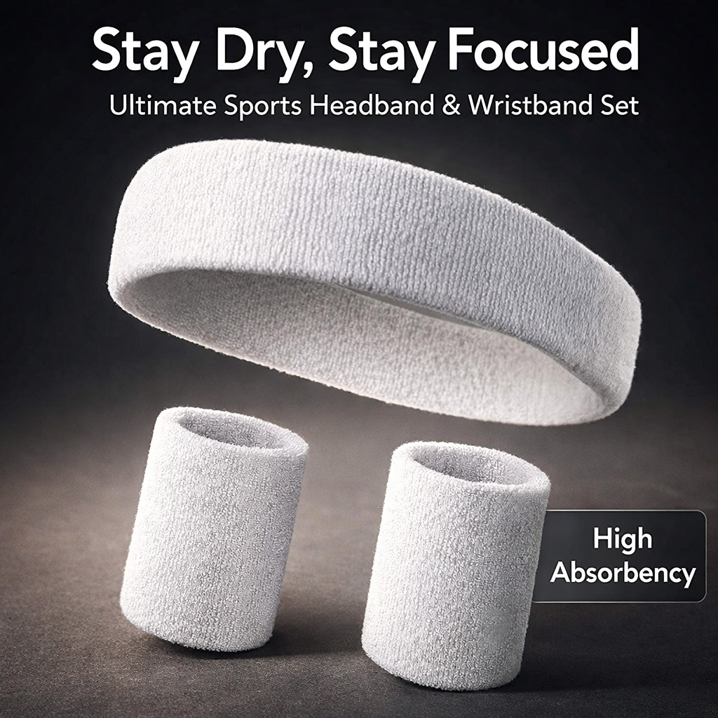 Sweatband Set for Adults, Absorbent Washable Gym Headband, Tennis Athletic Wristband Black