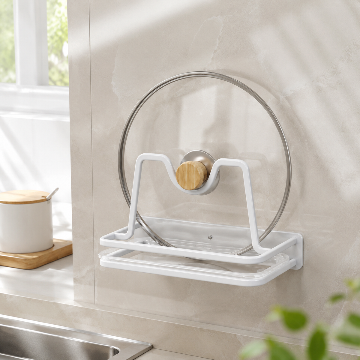 Wall-Mounted Pot Lid Holder, M-Shaped Carbon Steel Pan Lid Organiser with Drip Tray, Modern Minimalist Kitchen Lid Rack, Rustproof Single Slot Storage