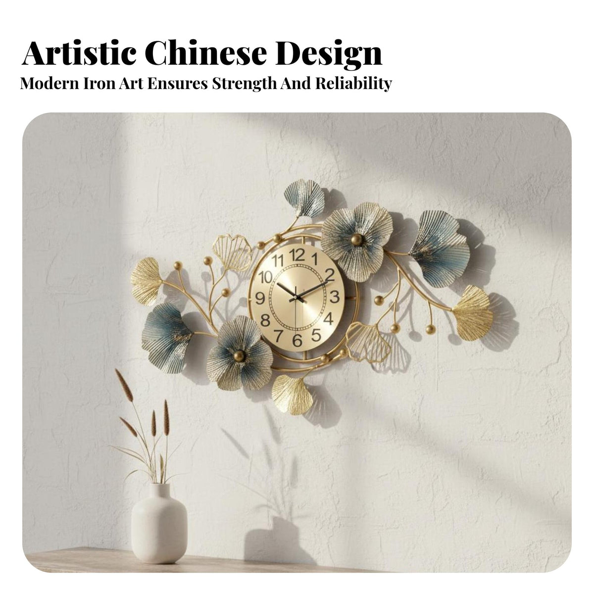 New Chinese Design Clock Non-Ticking Metal Ginkgo Leaf Clock Light High-End Design 3D Iron Art Timepiece for Interior Designers, Adults, Entryway