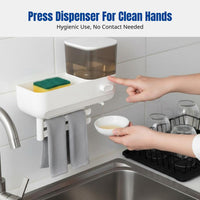 Kitchen Wall-Mounted Soap Dispenser, No-Drill Draining Storage Rack, Press Pump Organizer for Cloths