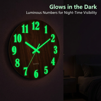 Luminous Wall Clock, 12 Inch Wooden, Silent Sweep, Easy to Read Numbers, Battery Operated, Modern Home Decor
