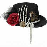 Skeleton Hand Gothic Steampunk Hat Gear Accents Gothic Top Hat Textile Rose Costume Accessory