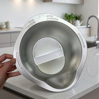 Rice Washer and Stainless Steel Colander with Built-in Grater, Vegetable Basin and Kitchen Sink Strainer for Home Cooking