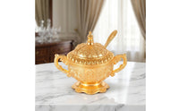 Ornate Sugar Bowl with Lid and Spoon Vintage-Style Sugar Bowl with Spoon Gold-Colored Elegant Embossed for Collectors